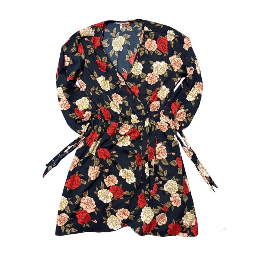 Navy Floral Kimono-style Mini Dress with V-Neckline, Bell Sleeves, Tie Waist